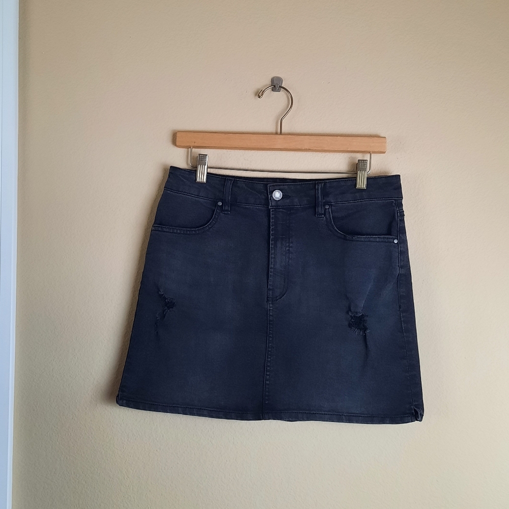 Black Denim Mini Skirt With Slight Distressing